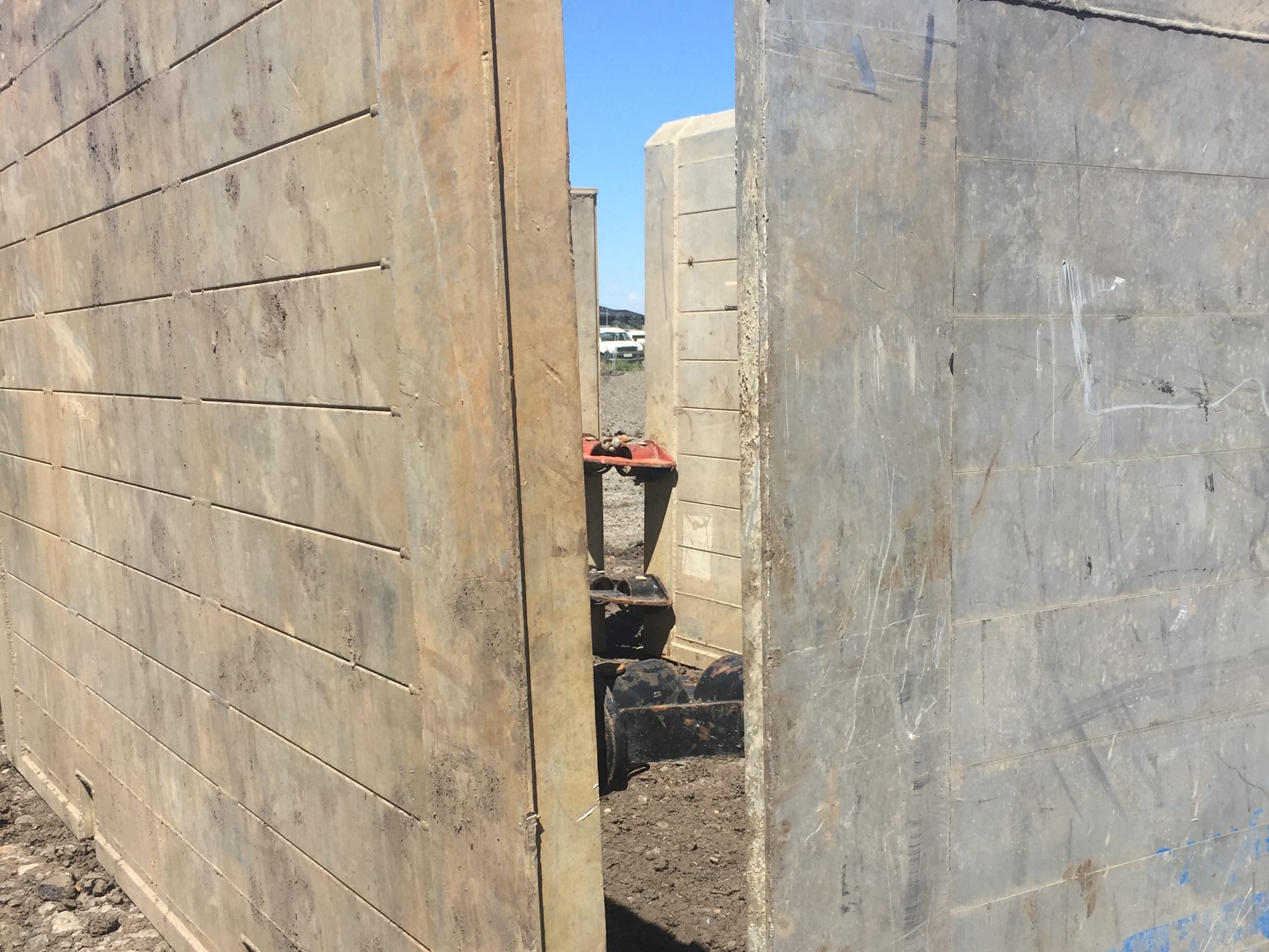 Close-up of aluminium Versa Shield trench drag box panels used for excavation support